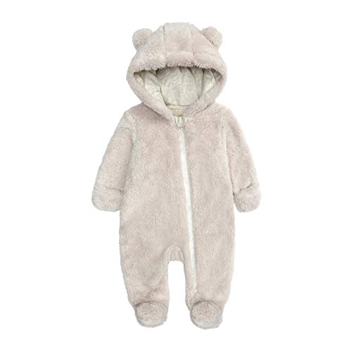 Baby Boys Girls One Piece Romper Cute Cartoon Bear Pattern Snowsuit Warm Winter Fleece Hooded Jumpsuit for 0-3 Month Baby Beige