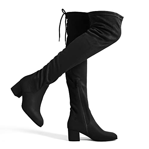 DREAM PAIRS Women's Laurence Over The Knee Thigh High Chunky Heel Boots Long Stretch Sexy Fall Suede Boots Size 7.5, Black