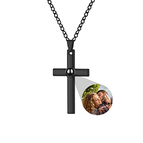 RWQDZOM Custom Photo Projection Cross Necklace for Men Personalized with Picture Inside I Love You Necklace 100 Languages Sterling Silver Pendant Necklace for Men Boys(Cross-1 Black)