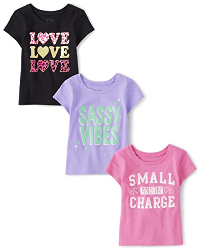 The Children's Place,And Toddler Girls Short Sleeve Graphic T-shirt 3-pack,Baby-Girls,Sassy Vibes/Love Love/Small in Charge,5T