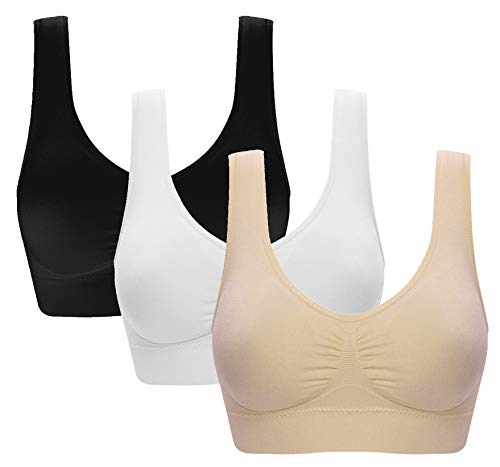 Vermilion Bird Women's 3 Pack Seamless Comfortable Sports Bra with Removable Pads M/Shirt Size 6,8 Black &White &Nude