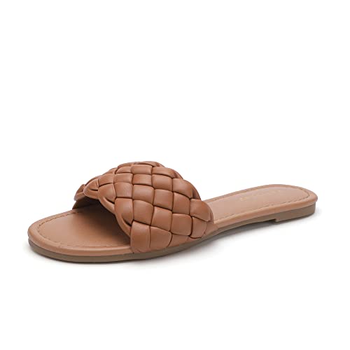 YULVSHOE Women's Braided Flat Sandals Fashion Woven Open Toe Slip On Slides Strappy Beach Sandals Slippers For Summer Tan Slides Size 8