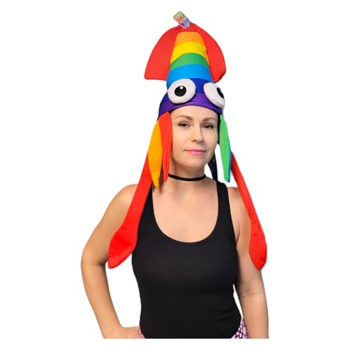 Zugar Land Rainbow Color Squid Hat (Adult Size) (1 Pack) Halloween Costume Party Sea Animal Hat Cap Crazy Eyes Funny Cartoon Octopus Beard (One Hat)