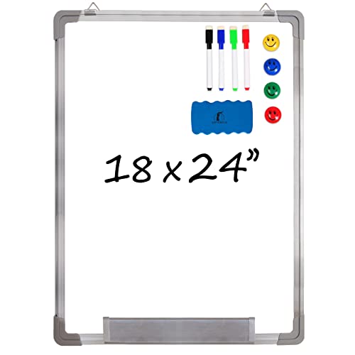 Whiteboard Set - Dry Erase Board 18 x 24' with 1 Magnetic Dry Eraser, 4 Dry Wipe Marker and 4 Magnets - Small White Hanging Message Scoreboard for Home Office School (24x18' Portrait)