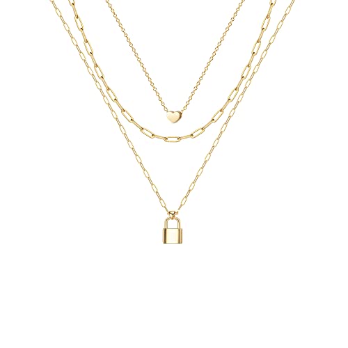 Ava Riley Dainty Gold Necklace for Women - Heart Lock Necklaces for Women Trendy - 14K Gold Silver Paperclip Chain Long Necklace Jewelry Set