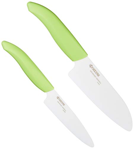Kyocera Revolution 2-Piece Ceramic Knife Set: Chef Knife For Your Cooking Needs, 5.5' Santoku and 4.5' Utility Knife, White Blades with Green Handles, White/Green