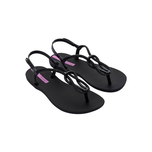 Ipanema Women's Trendy Fem Sandals - Comfortabe and Stylish T-Strap Flat Sandals with Adjustable Ankle Strap Closure, Black/Black/Lilac, Size 9