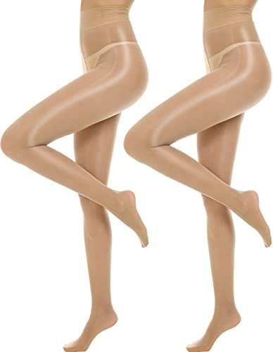 MANZI Shiny Pantyhose for Women 2 Pairs Shimmer Sheer Tights Ultra Silky Natural Large-X-Large