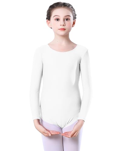Aoylisey Girls' Team Basic Long Sleeve Leotard Gymnastics Ballet Dance Costumes for Kids (White, S)