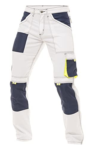 FASHIO FF Men Carpenter Pants Tactical Heavy Duty Construction Trousers Cordura Knee Pad Reinforced Utility Pockets Painter Pants S8 White W36-L30