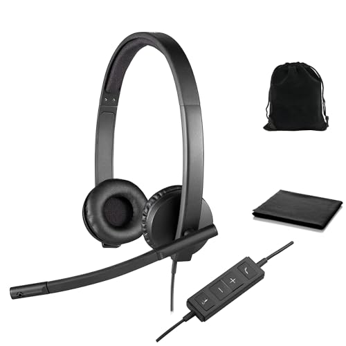 Logitech Headset H570e, Wired Stereo Headphones with Noise-Cancelling Microphone, USB, in-Line Controls with Mute Button, Indicator LED, PC/Mac/Laptop - Black, W/Pouch and Cloth, Bulk Packaging