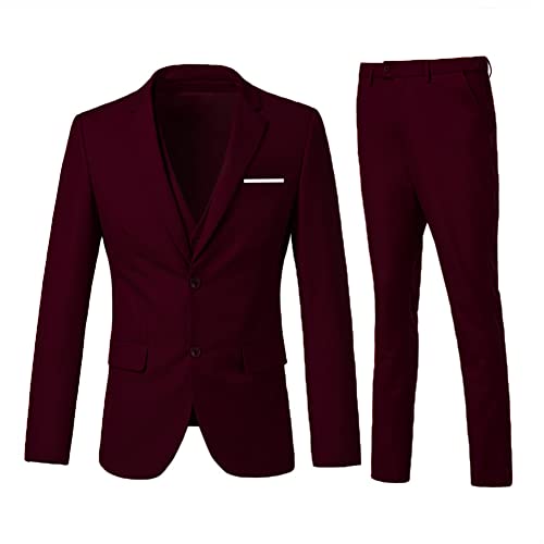 Men Suit Set Slim Fit Wedding Suit Business Suit Burgundy Prom Groomsmen Suits Tuxedos Jacket Blazer Vest Pants Men Suits L