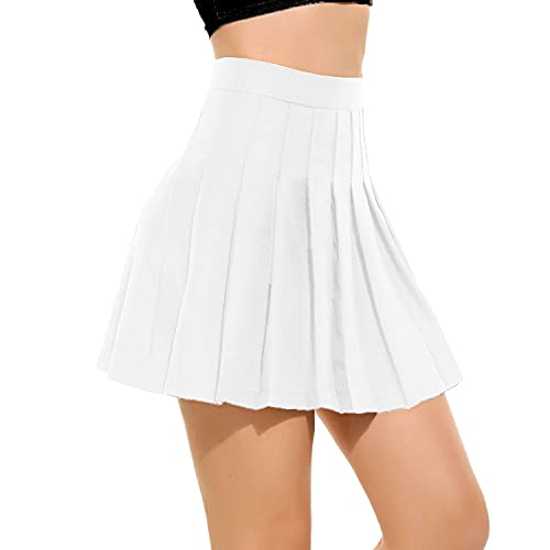 Women Girls 2023 high Waisted Pleated Skater Tennis School Skirt Uniform Skirts A-White