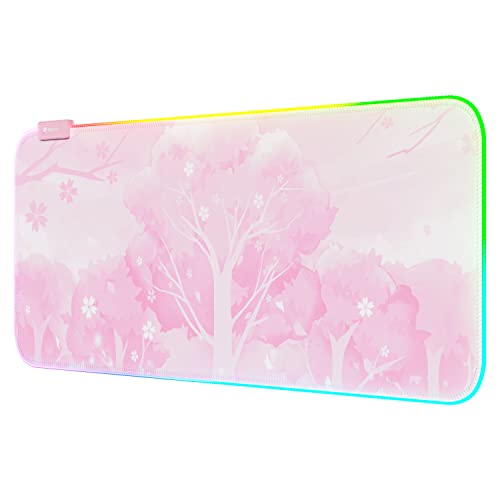 Pink RGB LED Gaming Mouse Pad, 14 Modes Glow Pad, Extra Large Gaming Mousepad,Waterproof Rubber Non Slip Cute Sakura Mat, Extended Big Keyboard and Mouse Pad Mat for Gamer Office Home, XXL 800×300×4mm