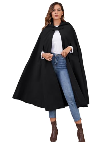 Gihuo Cape Poncho Women's Hooded Maxi Cloak Coat Winter Warm Long Cloak Cosplay Costumes Outerwear (Black, One Size)