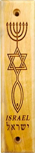 Olive Wood Mezuzah with Scroll, Messianic Symbol - Menorah, Star, & Fish, Made in Israel, Religious Home Décor for Door & Wall, Includes Parchment Prayer Scroll, Jewish & Messianic House Wall Art