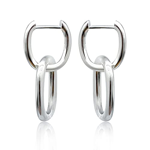 DALUDALU S925 Sterling Silver Chain Link Dangle Drop Earrings Chunky Paperclip Convertible Link Huggie Earrings Circle Hypoallergenic No-Nickel Hoop Earrings for Women Girls Sensitive Ears