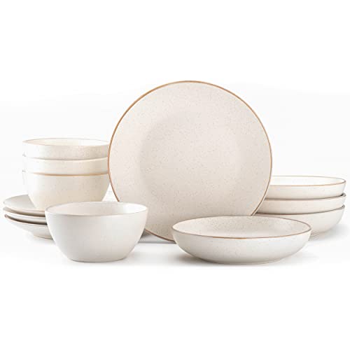 Riverside Collection by Maison Neuve 12-Piece Dinnerware Set Service for 4 - Hand Crafted Bowls and Plates Set, Stoneware Dinnerware Set, Microwave & Dishwasher Safe Plate Set - Oxford White