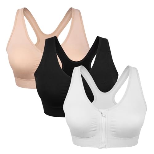 3 Pack Racerback Sports Bras for Women - Women's Zip Front Sports Bra Wireless Post-Surgery Bra Active Yoga Sports Bras (XL:Fit 34D,36C,36D,38A,38B,40A, 3 Pack(Black+Flesh+White))