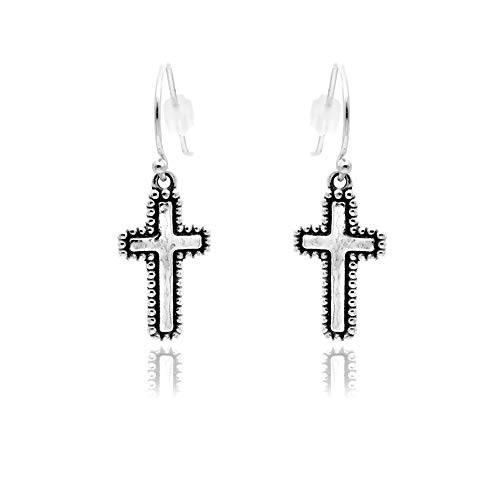 Paz By Danny Newfeld 925 Sterling Silver Cross Dangle Earrings For Women Girls | Hammered Texture Design | Shepherd’s Hook For Pierced Ears