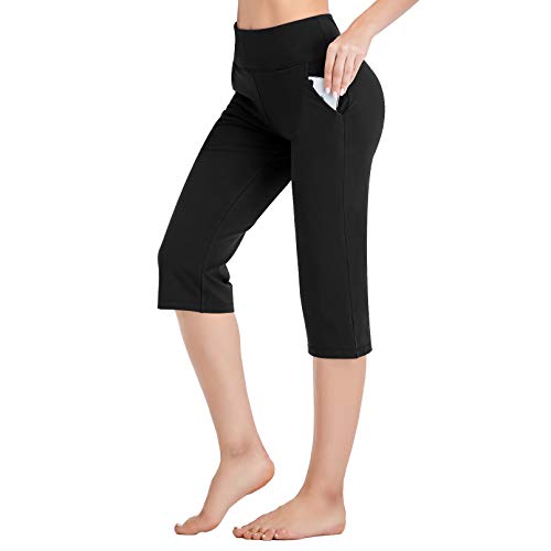 RIMLESS 7 Women's Capri Pants with Pockets Lounge Crop Yoga Pants Tummy Control Stretch Workout High Waist Athletic Pants P03-Black-M
