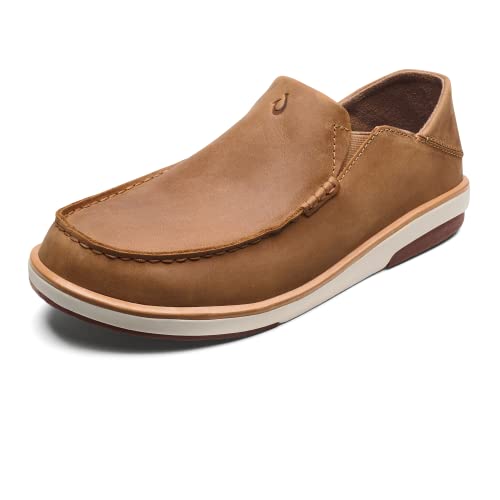 OLUKAI Kalia Men's Leather Slip-On, Full-Grain Waxed Nubuck Leather Shoes, Lightweight & Comfortable, Tan/Tan, 11