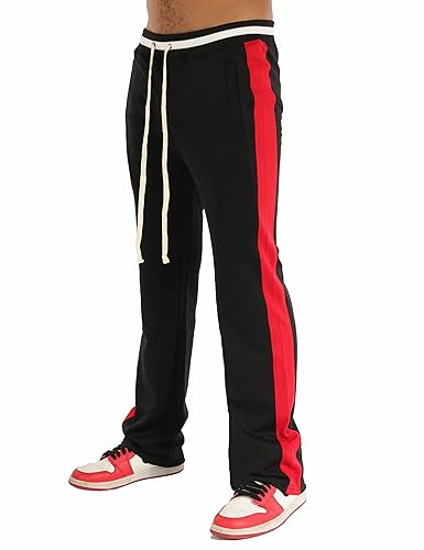 SCREENSHOT-S41701 Mens Streetwear Premium Stacked Flare Fit Urban Track Pants - Basic Workout Athletic Wide Bottoms Outside Taping-Black/Red-XLarge