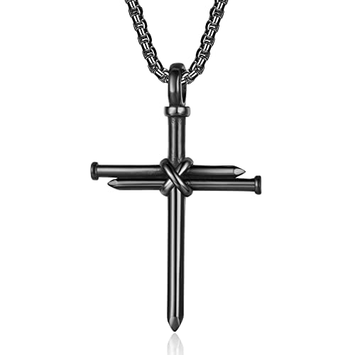 HattiDoris Nail Cross Necklace for Men Stainless Steel Chain 24inch 3 Nails Jesus Cross Pendant Christian Gifts for Dad 3 Colors（Black）