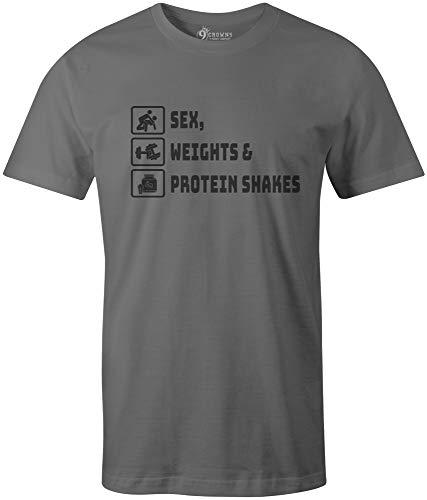 9 Crowns Tees Sex Weights and Protein Shakes Funny Gym Rat Tee (Unisex Metal, X-Large)