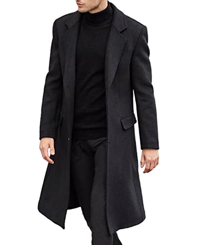 SOMTHRON Men's Casual Trench Coat Slim Fit Notched Collar Long Jacket Overcoat Single Breasted Pea Coat wih Pockets BL-2XL
