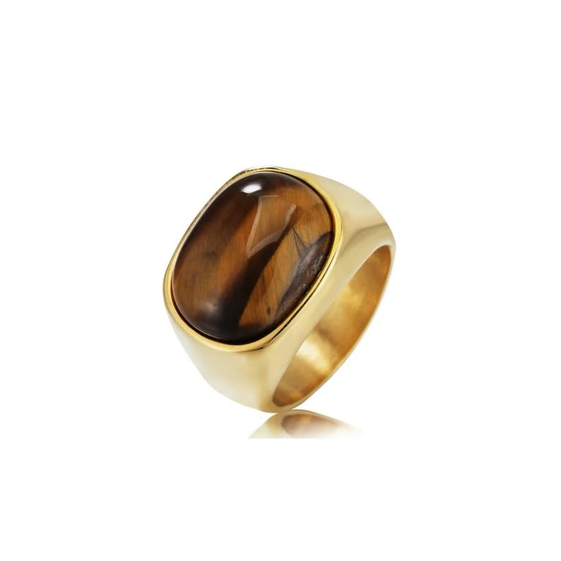 PYTALI 2CT Tiger Eye for Men 10K/ 14K/ 18K Solid Real Yellow Gold Ring for Men Handmade Men's Ring with Oval Tiger Eye Gemstone Wedding Promise Ring Gifts for Him Dad Boy Men Luxury Jewelry Size 4-18