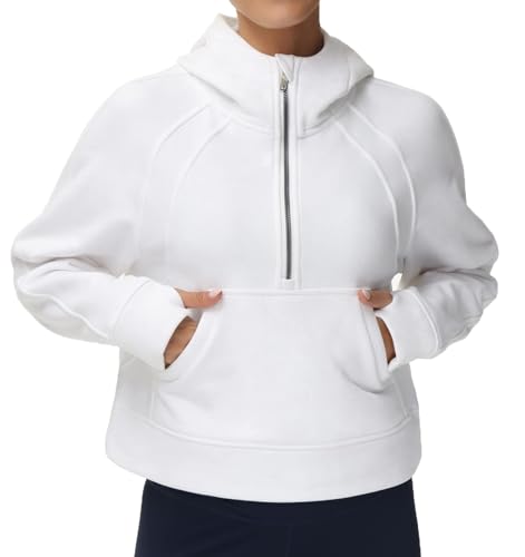 THE GYM PEOPLE Women’s Hoodies Half Zip Long Sleeve Fleece Crop Pullover Sweatshirts with Pockets Thumb Hole White