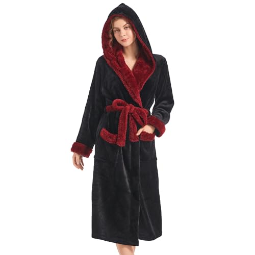 Inner Wish Women Hooded Plush Robe, Fleece Cozy Warm Bathrobe Fuzzy Female Spa Robe With Pockets Spa Bathrobe,BLACK+BURGUNDY, L/XL