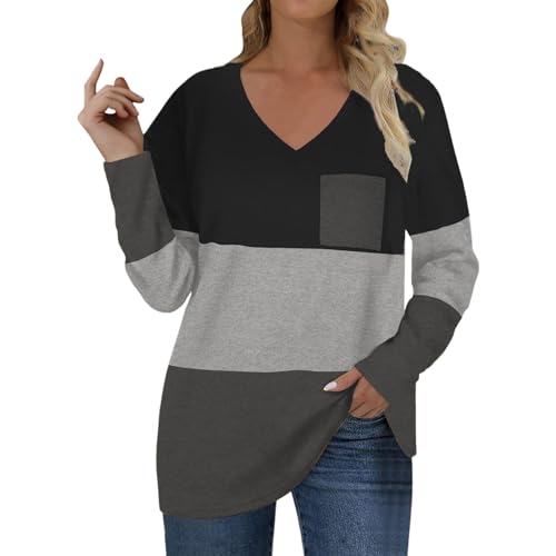 Lightning Deals of Today Sweatshrit for Women Color Block Pullover Tops Long Sleeve V Neck T Shirts Casual Tunics with Pocket Winged (GY4, XXL)