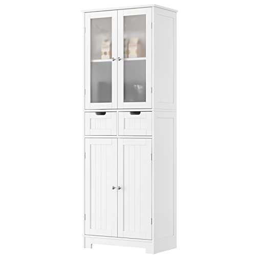 HORSTORS 67' Tall Storage Cabinet, Freestanding Pantry Cabinet with Glass Door and Shelves, Linen Bathroom Cabinet with 2 Drawers for Living Room, Kitchen, Dining Room, Office, White