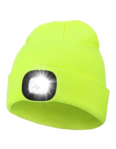 MELASA Unisex LED Beanie with Light, USB Rechargeable Hands Free LED Headlamp Hat, Knitted Night Light Beanie Cap Flashlight Hat, Men Gifts for Dad Father Husband (Fluorescent Yellow)
