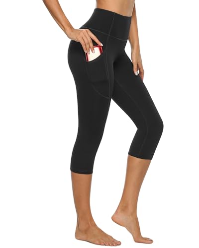 Stelle Womens High Waisted Legging Yoga Pants with Pockets for Workout (Cotton Like Softness-Black, Large)