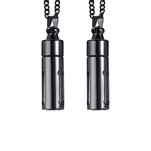 Mealguet Jewlery Pack of 2 Stainless Steel Glass Container Vial Tube Cremation Urn Ashes Pendant Necklace for Men Women,24' Chain Black,Keepsake Memorial Pendant Necklace