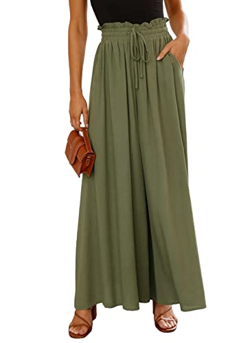 Dokotoo 2024 Stylish Women's Plus Size Wide Leg Palazzo Pants Spring Summer Lightweight Sport Elastic High Waist Yoga Pant with 2 Side Pockets for Women Green S