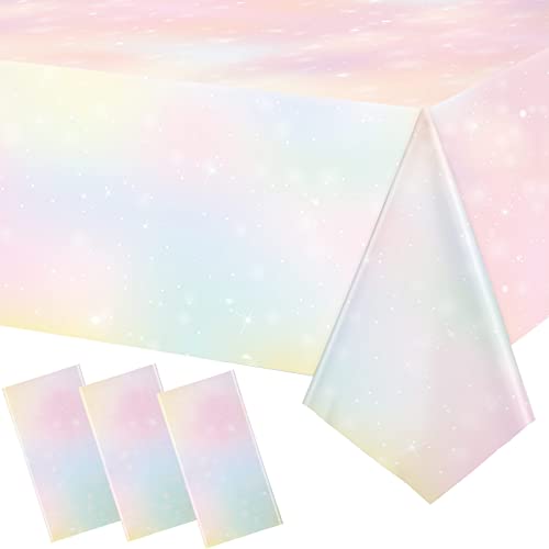 3 Pieces Pastel Rainbow Tablecloths Disposable Tablecloth Waterproof Plastic Table Cover Pastel Rainbow Party Decorations Pastel Party Supplies for Birthday Wedding Bridal Shower Party, 108 x 54 Inch