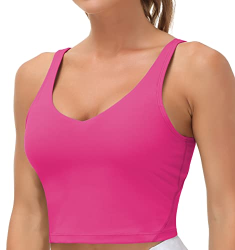 Women’s Longline Sports Bra Wirefree Padded Medium Support Yoga Bras Gym Running Workout Tank Tops(Bright Pink, Medium)