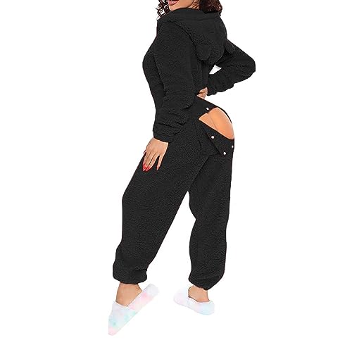 JWSVBF One Piece Jumpsuit Women Hooded Sexy Adult Onesie Pajamas for Women Women Button Down Pajamas Set Christmas One Piece Pajamas for Women Adult Onesie with Feet and Butt Flap Women Sales C-black