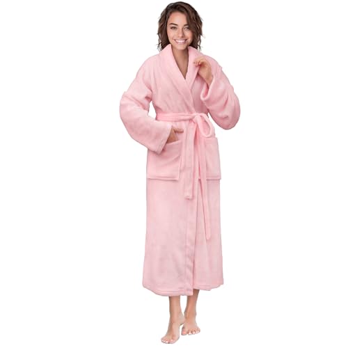 PAVILIA Pink Women Robe Fleece Plush Soft, Fluffy Fuzzy Cozy Warm Lightweight Bathrobe, Shower Spa House Long Robe for Women, S/M