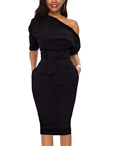 Nature Comfy Elegant Womens Wear to Work Casual one Shoulder Belted Pencil Dress with Pockets (XL, Classic Black)