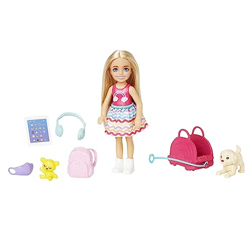 Barbie Chelsea Doll & 6 Accessories, Travel Set with Puppy, Pet Carrier & Backpack that Opens & Closes, Blonde Small Doll