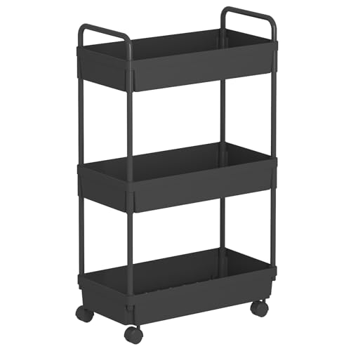 Buzowruil Rolling Storage Cart 3 Tier Organizer Mobile Shelving Unit Storage Rolling Utility Cart with Wheels for Kitchen Bathroom Laundry,Black