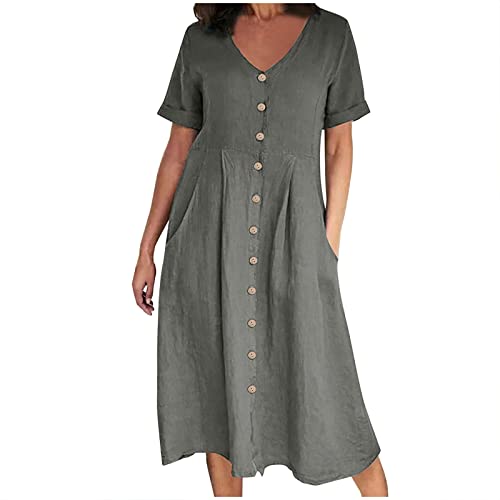 oelaio Women's Summer Dress 2024 Casual Loose Fit Short Sleeve Dresses Plus Size Button Down V Neck Cotton Linen Dress,Gray,Medium