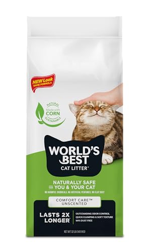 WORLD'S BEST CAT LITTER Comfort Care Unscented, 32-Pounds - Natural Ingredients, Quick Clumping, Flushable, 99% Dust Free & Made in USA - Long-Lasting Odor Control & Easy Scooping packaging may vary