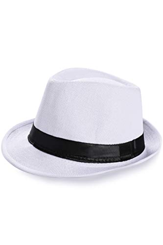 BABEYOND Straw Fedora Hat for Men Panama Trilby Hat Short Brim Summer Sun Hat A-White