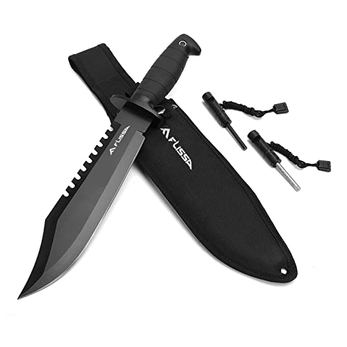 FLISSA Survival Hunting Knife with Sheath, 15-inch Fixed Blade Tactical Bowie Knife with Sharpener & Fire Starter for Camping, Outdoor, Bushcraft